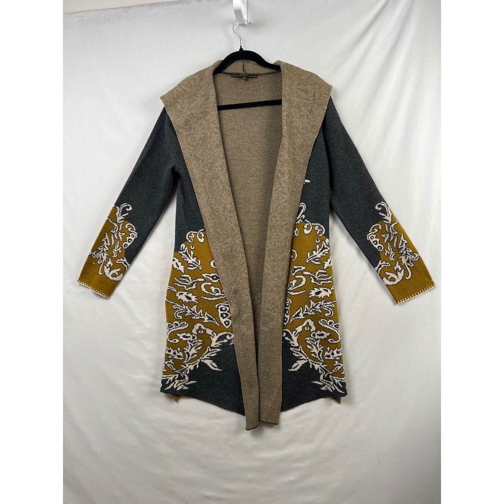 Maxsport Cardigan Sweater Womens Small Gray Mustard Floral Hooded Open Duster